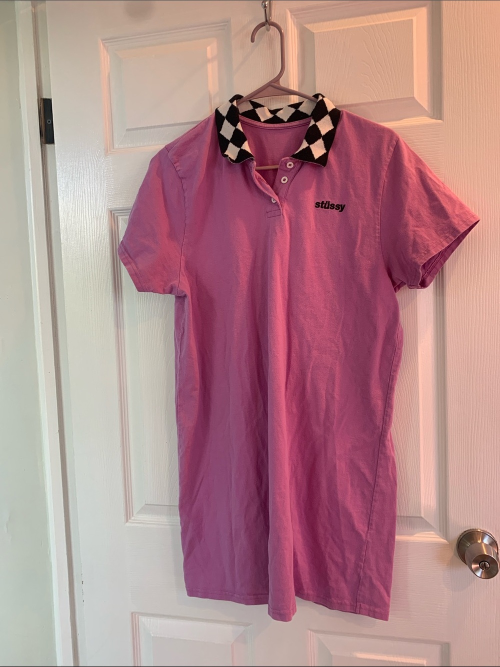 Stussy Pink Polo Dress with Black & White Checker Collar